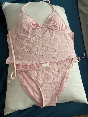 Daffy Soft Pink Embroidered Tankini & Bikini Set